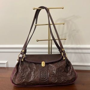 Marino Orlandi Italian made Tooled Leather Handbag Brown with Raspberry Trim